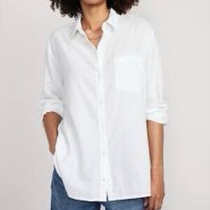 Bundle of 2 Linen-Blend Button-Down Boyfriend Shirt, White Lillies, Medium Tall